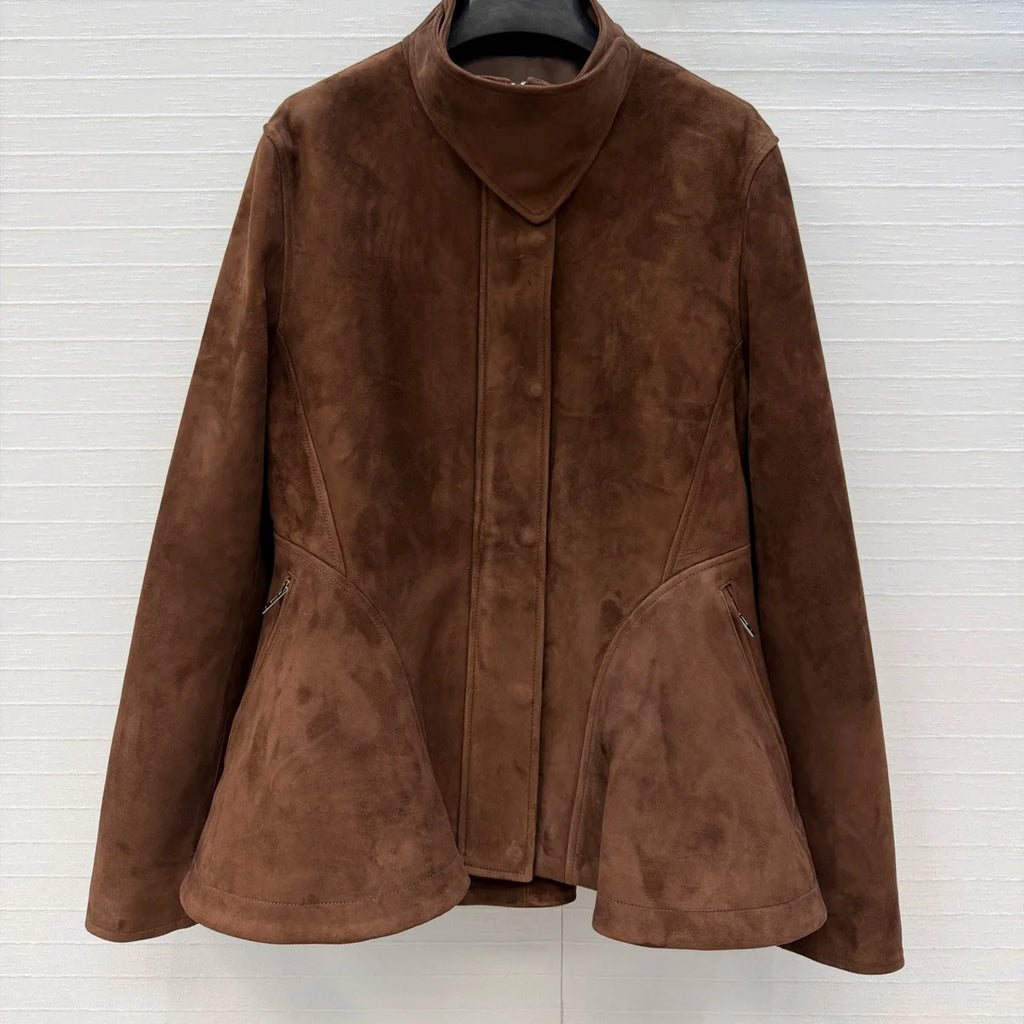 Veste péplum femme en cuir à col montant – CLEVI Paris