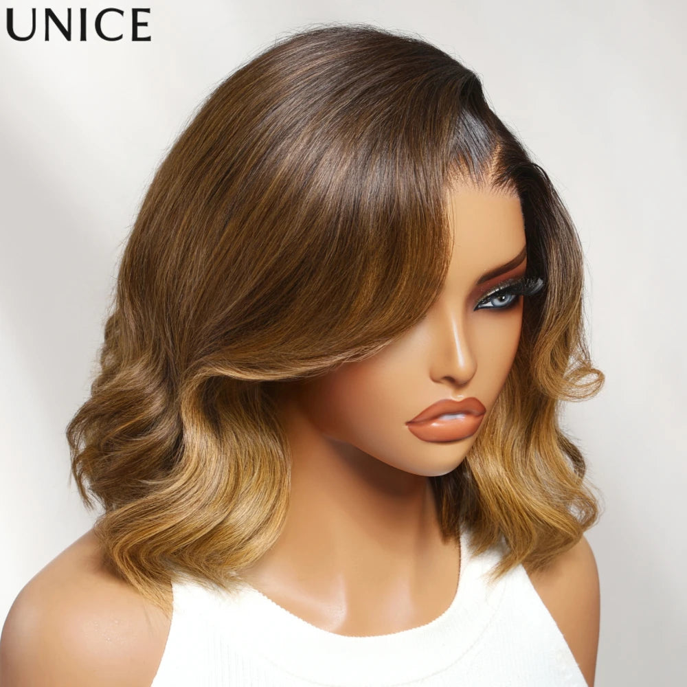 Perruque BOB Wavy Brun Chocolat Reflets Dorés Lace Glueless 100% Cheveux Humains 10-14 Pouces – CLEVI Paris