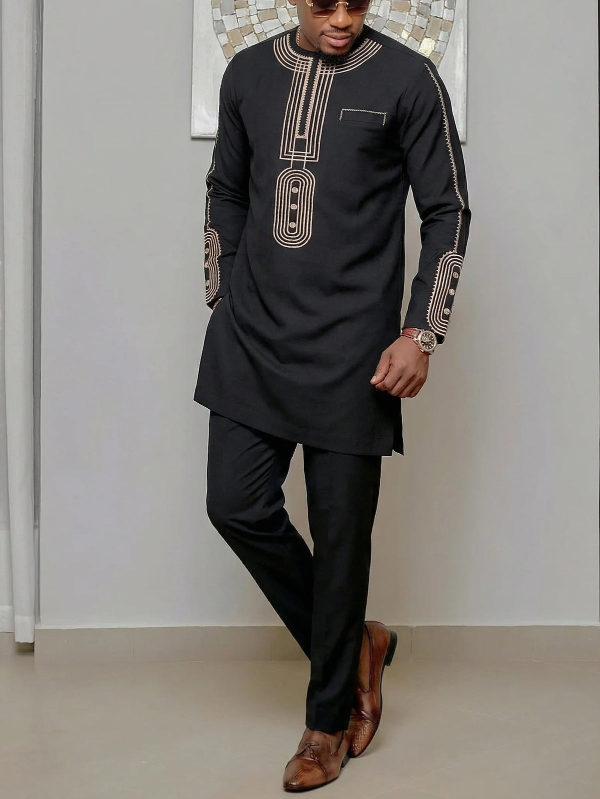Kaftan Homme 2 Pièces Brodé Floral Col Mao Manches Longues + Pantalon Élastique Style Africain Mariage M-4XL – CLEVI Paris