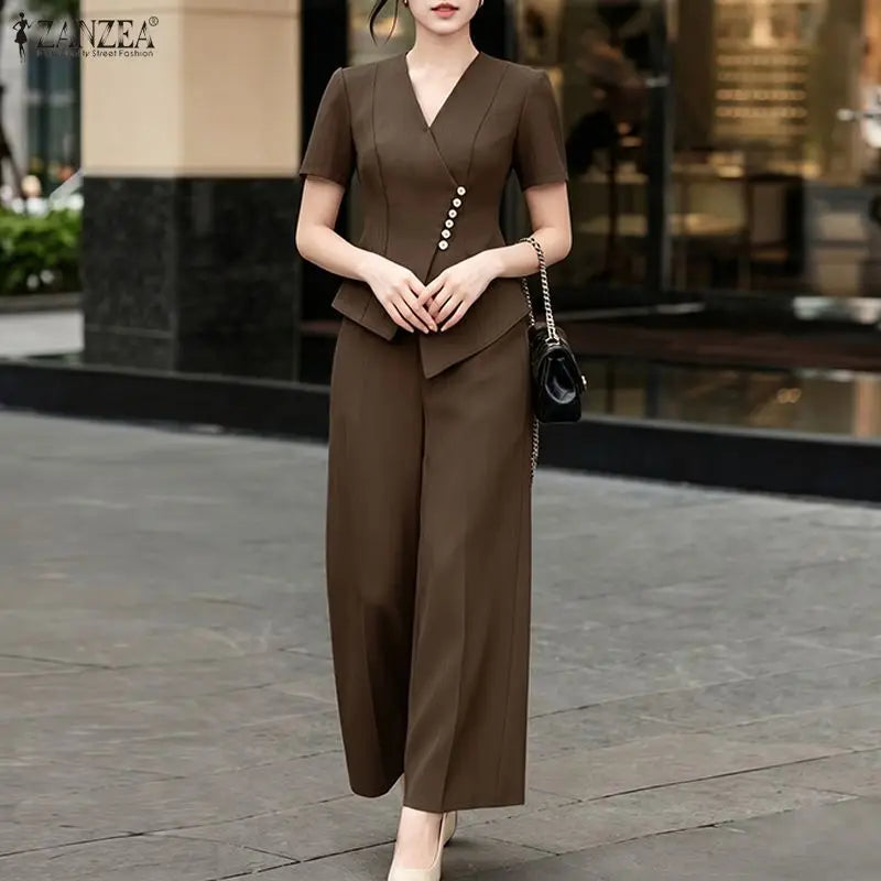Ensemble 2 Pièces Femme Blouse Col V Manches Courtes Plissée + Pantalon Large Taille Mi-Haute Élastique OL Casual 3 Coloris – CLEVI Paris