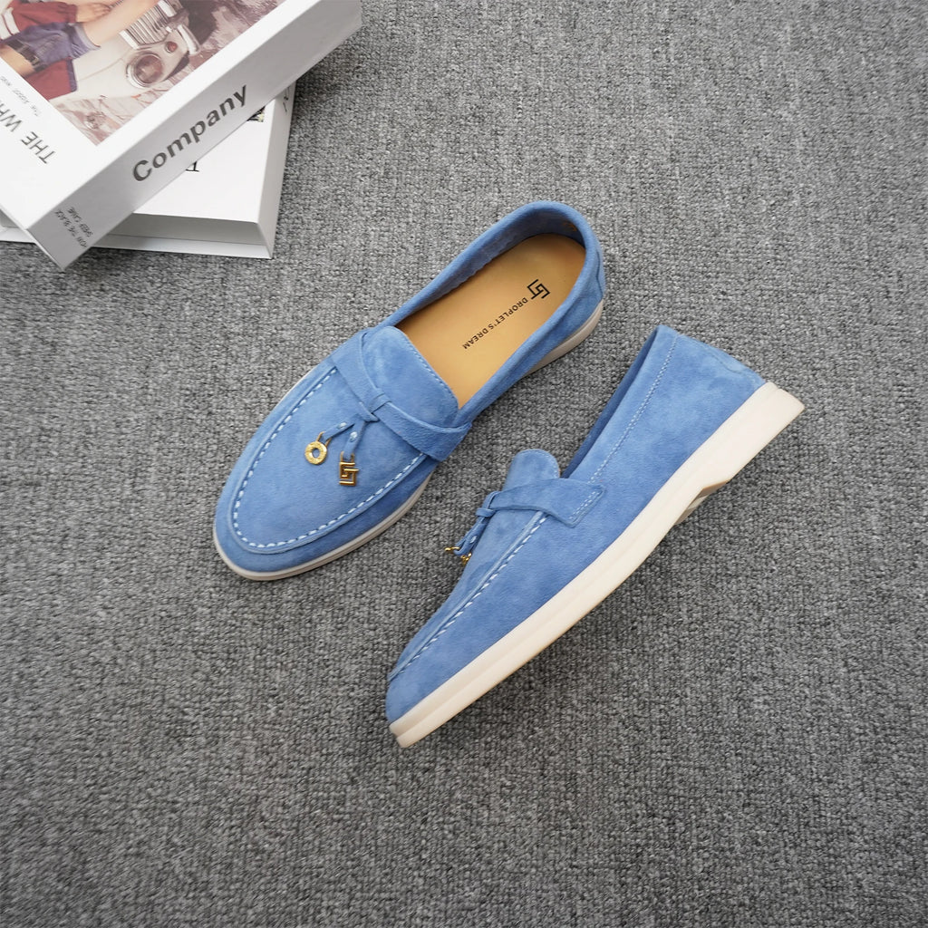 Mocassins Femme Daim Mouton Bout Rond Décoration Métal Slip-On Semelle Antidérapante – CLEVI Paris
