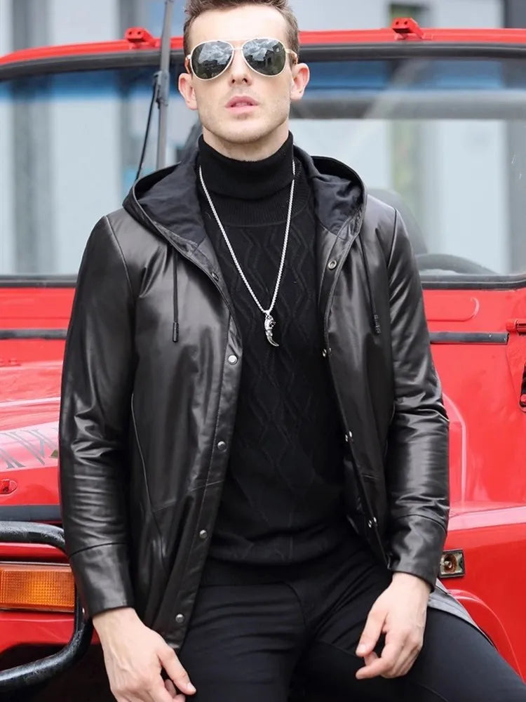 Manteau homme en cuir de mouton à capuche – CLEVI Paris
