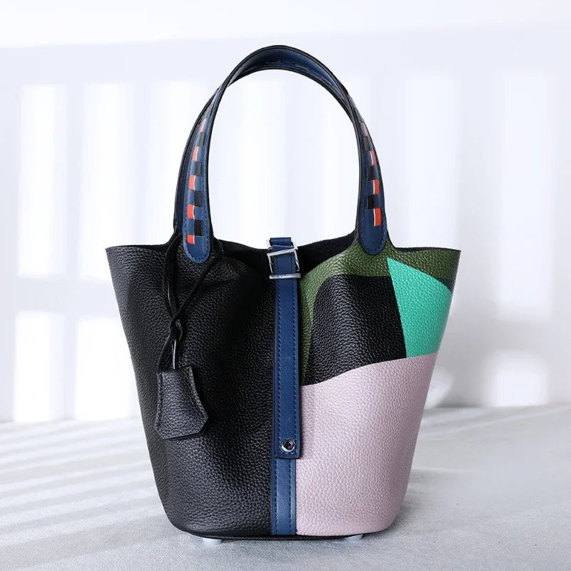 Sac Seau Cuir Bicolore Patchwork Bandoulière Rayures Femme – CLEVI Paris