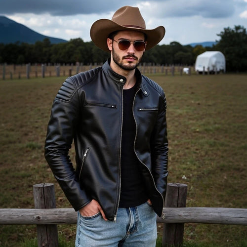 Blouson homme en cuir de vache, col montant – CLEVI Paris