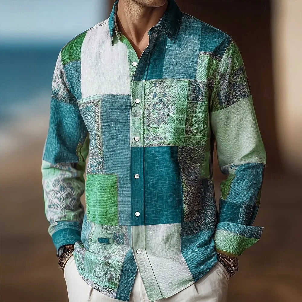 Chemise homme en lin à motif géométrique – CLEVI Paris