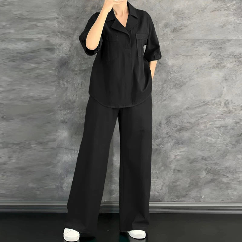 Ensemble 2 Pièces Femme Blouse Col Rabattu Manches Mi-Longues Boutonnée Poches + Pantalon Large Taille Mi-Haute Élastique Casual Bohème Beige Vert Noir – CLEVI Paris