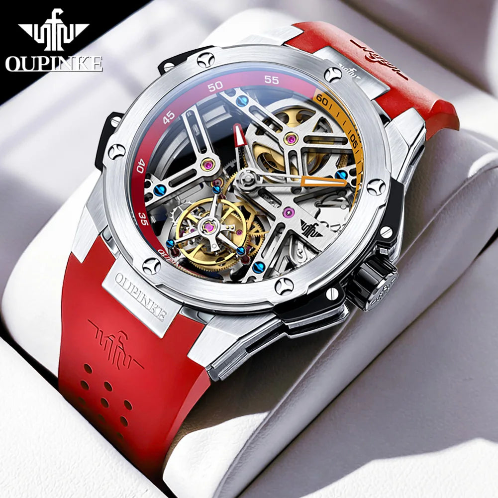 OUPINKE 8003 Montre Homme Tourbillon Automatique Saphir Silicone Bicolore 5ATM – CLEVI Paris