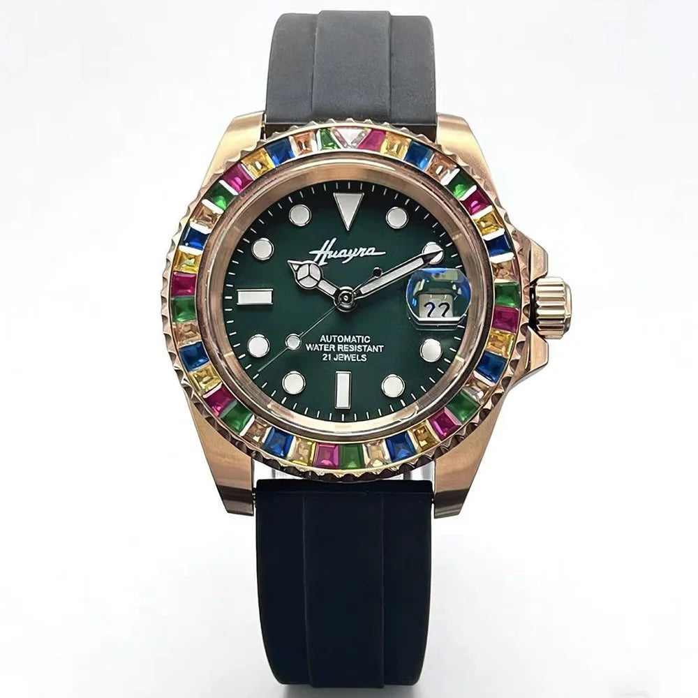 Montre Homme Automatique HUAYRA – Miyota 8215 Diamants Arc-en-Ciel Verre Saphir Bracelet Caoutchouc – CLEVI Paris