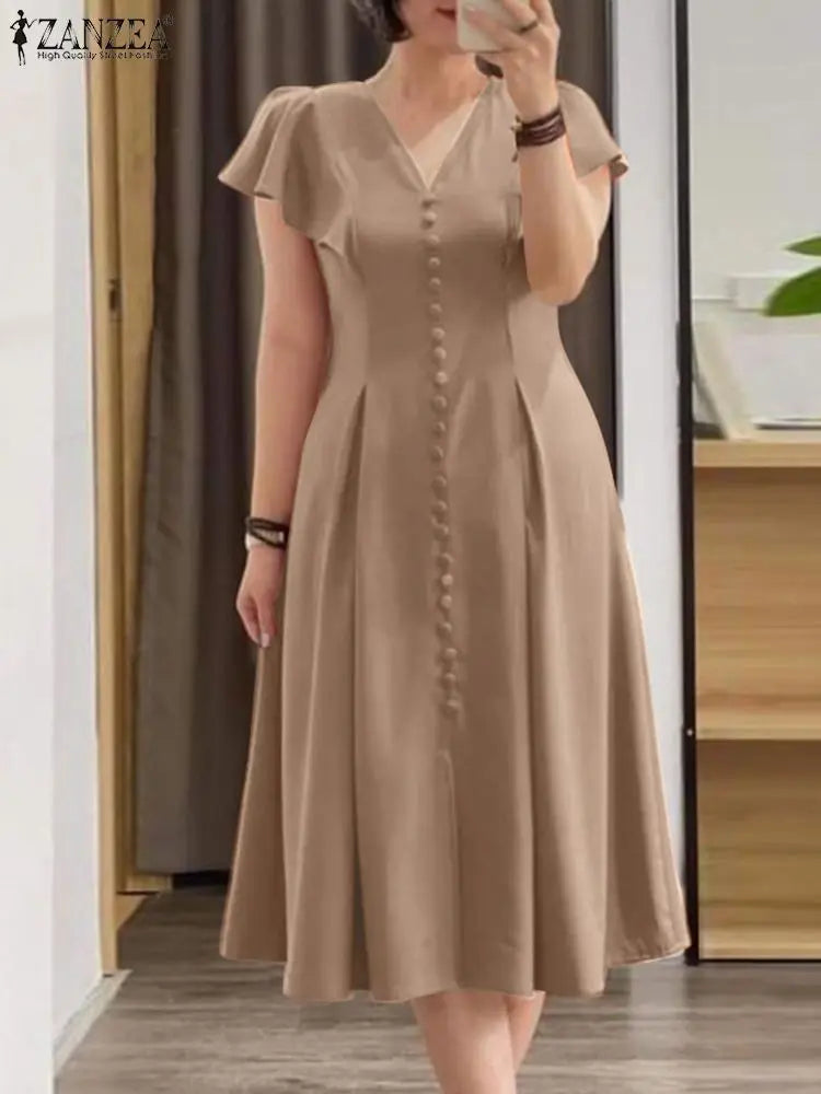 Robe Femme Col V Manches Papillon Couleur Unie Élégante Mi-Mollet – CLEVI Paris