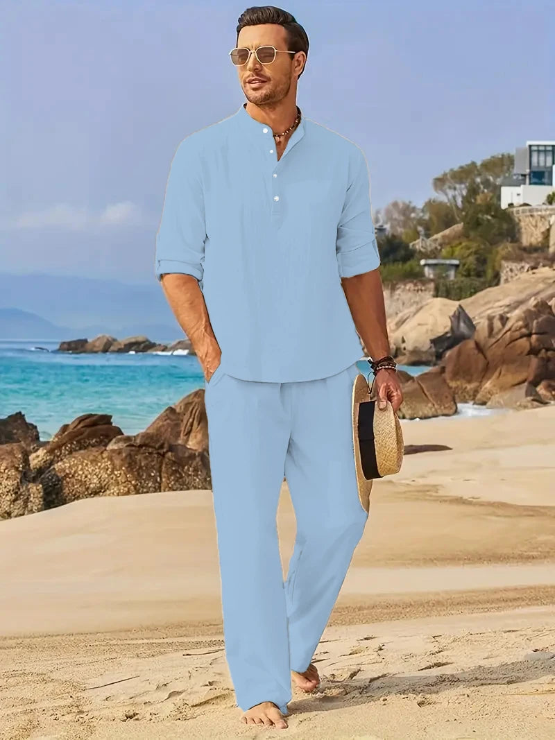Ensemble Homme Chemise Henley Manches Longues Col Tunisien + Pantalon Taille Élastique Coton Lin Casual Été 8 Coloris – CLEVI Paris