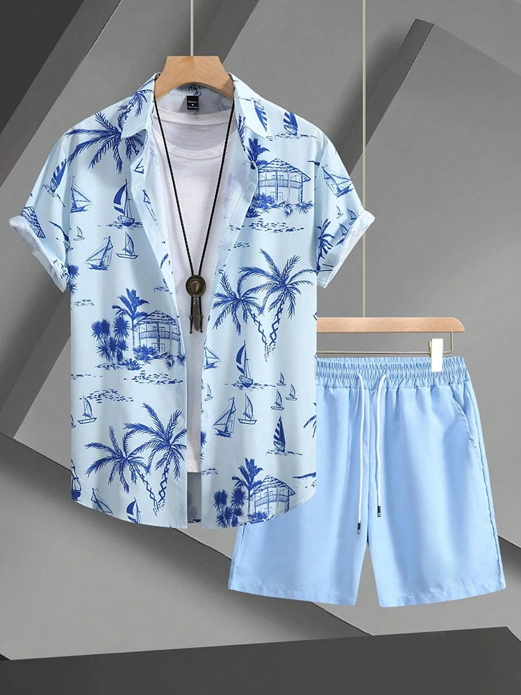 Ensemble Homme Chemise Manches Courtes Col V Imprimé 3D + Short de Plage Casual Streetwear Été – CLEVI Paris