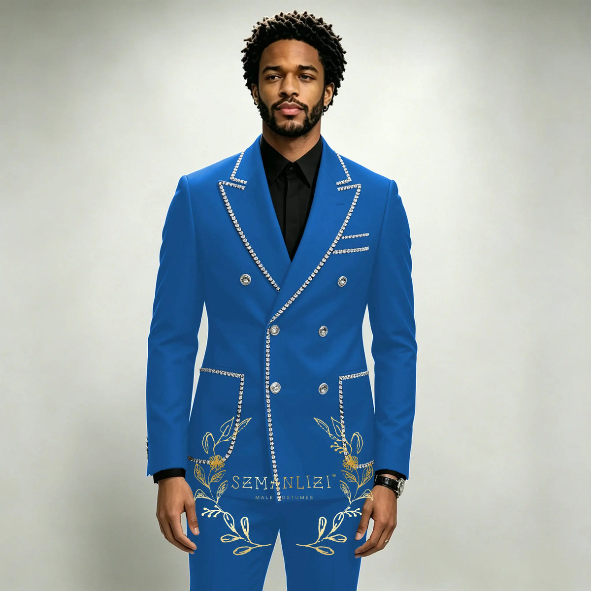 Costume Homme 2 Pièces Smoking Luxe Bleu Royal Cristaux Revers Pointu Double Boutonnage Mariage XS-6XL – CLEVI Paris