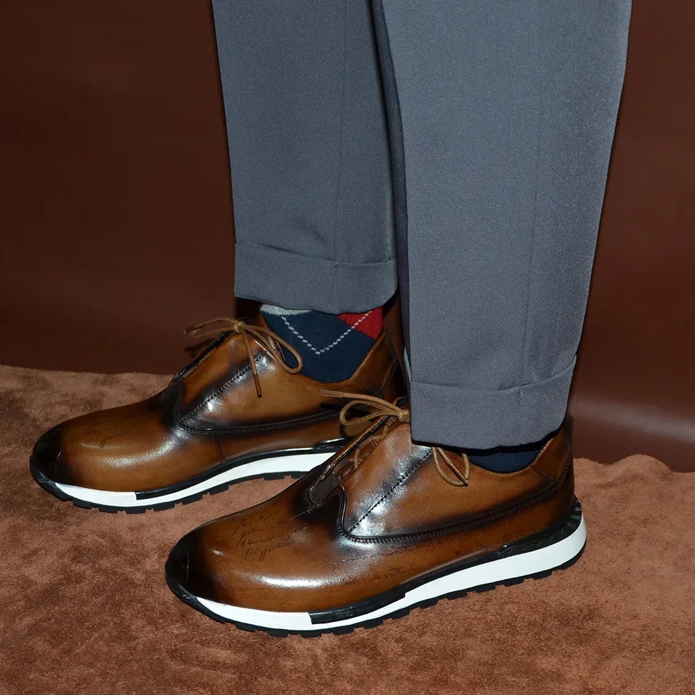 Oxford Sneaker Homme Cuir Véritable Motif Totem Peint Main | Doublure Agneau 3 Coloris