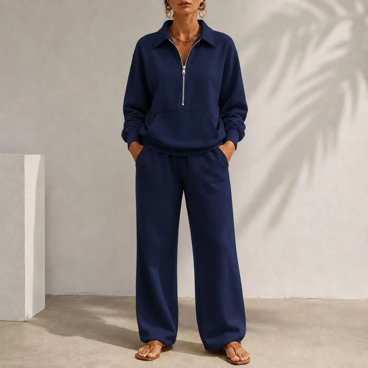 Ensemble femme sweat col zippé et pantalon large – CLEVI Paris