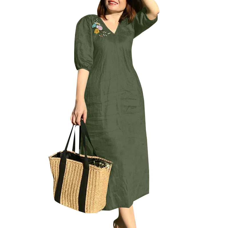 Robe Femme Col V Broderie Florale Manches Mi-Longues Mi-Mollet Bohème – CLEVI Paris