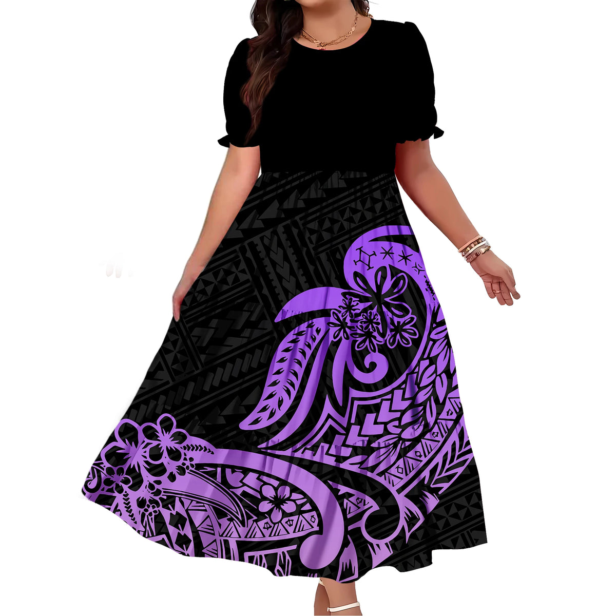Robe Femme Longue Imprimé Polynésien Manches Bouffantes Ample Élégante – CLEVI Paris