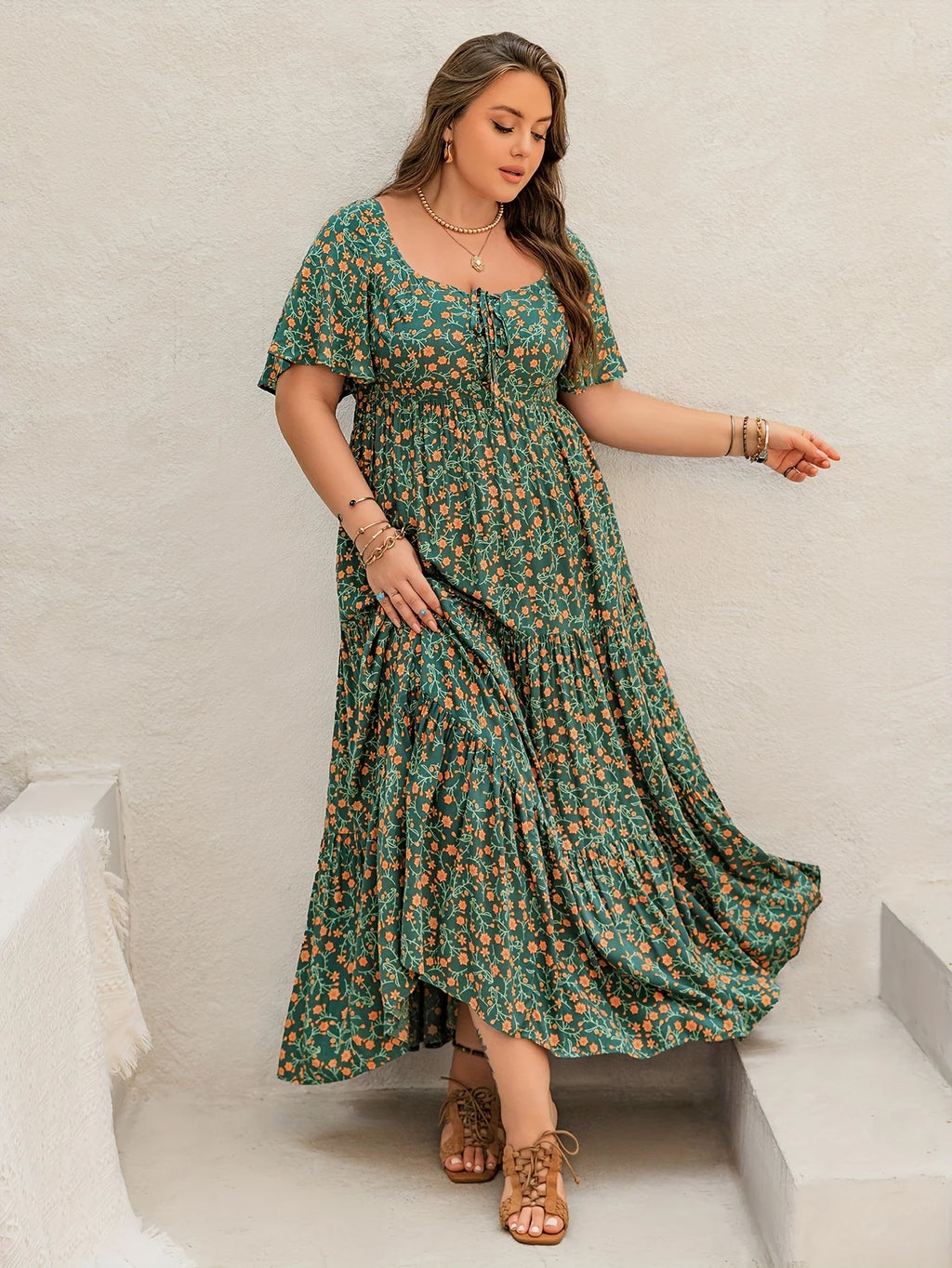 Robe Longue Femme Grande Taille Bohème Imprimé Col Français – CLEVI Paris