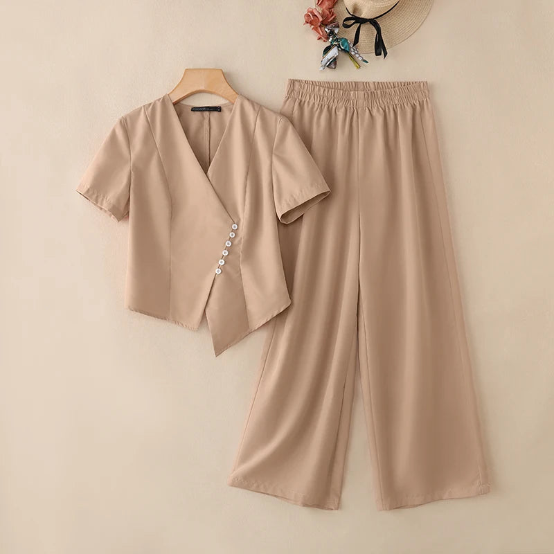Ensemble 2 Pièces Femme Blouse Col V Manches Courtes Plissée + Pantalon Large Taille Mi-Haute Élastique OL Casual 3 Coloris – CLEVI Paris