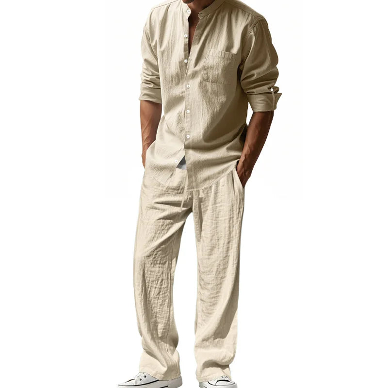 Ensemble 2 Pièces Homme Lin Chemise Manches Longues + Pantalon Style Casual Américain 4 Saisons – CLEVI Paris