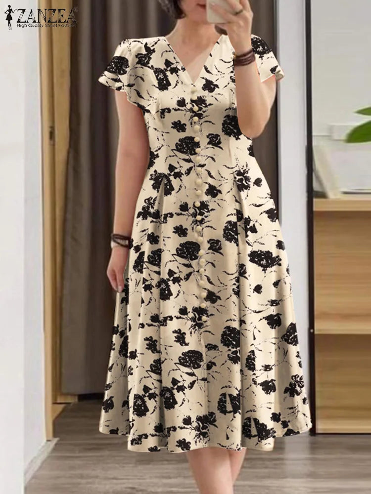 Robe Femme Col V Imprimé Floral Manches Papillon Taille Cintrée A-line Mi-Mollet – CLEVI Paris