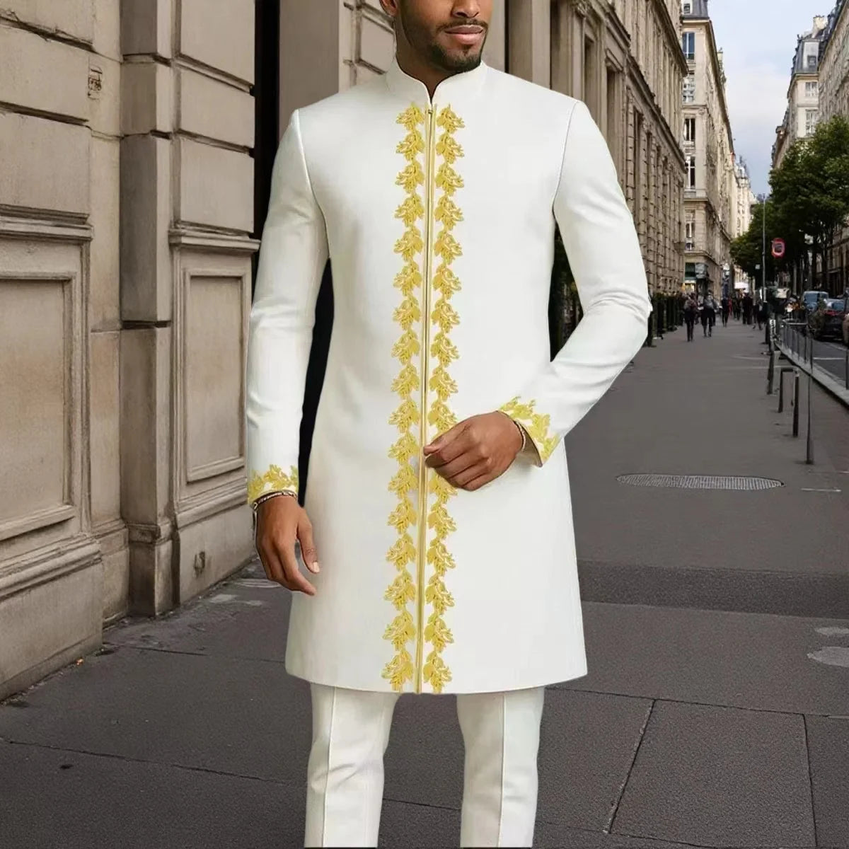 Ensemble Kaftan Homme 2 Pièces Broderie Manches Longues Col Rond + Pantalon Cordon Style Africain Mariage M-4XL – CLEVI Paris