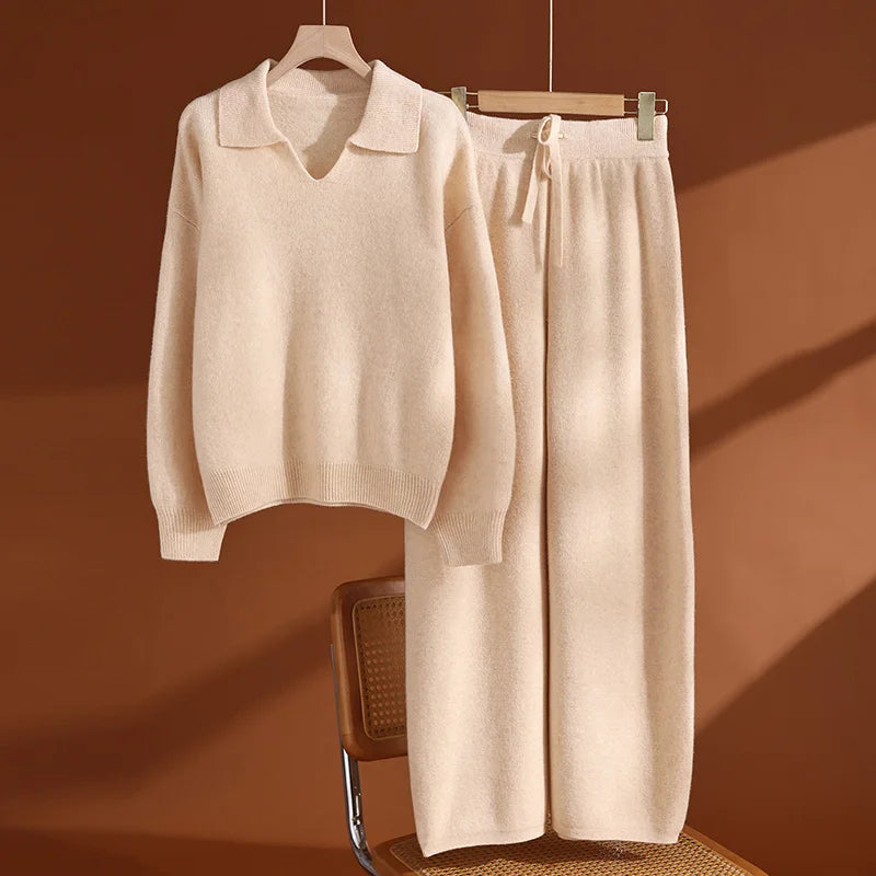 Ensemble laine femme, pull polo et pantalon – CLEVI Paris
