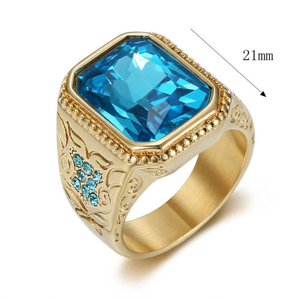 Bague homme carrée dorée en acier et zircon bleu – CLEVI Paris