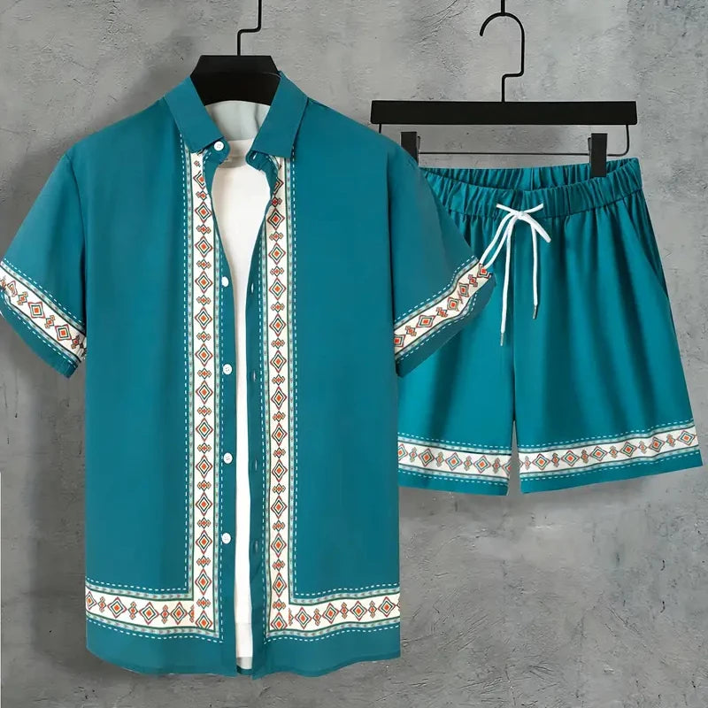 Ensemble 2 Pièces Homme Chemise Manches Courtes Col Cranté Imprimée Boutonnée + Short Cordon Style Hawaïen Beach Rétro Grande Taille – CLEVI Paris