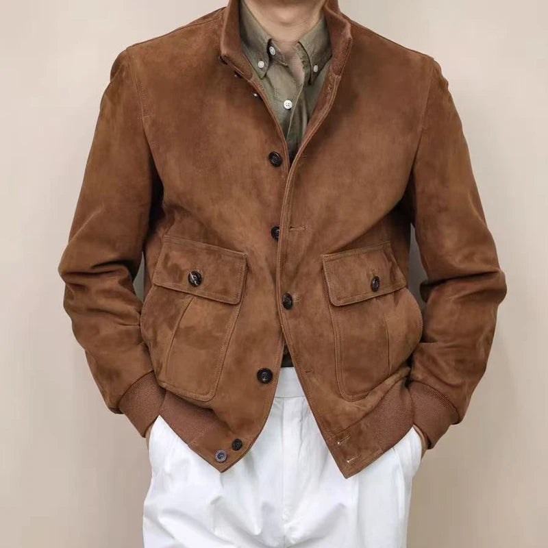 Blouson homme en cuir suédé à col montant – CLEVI Paris