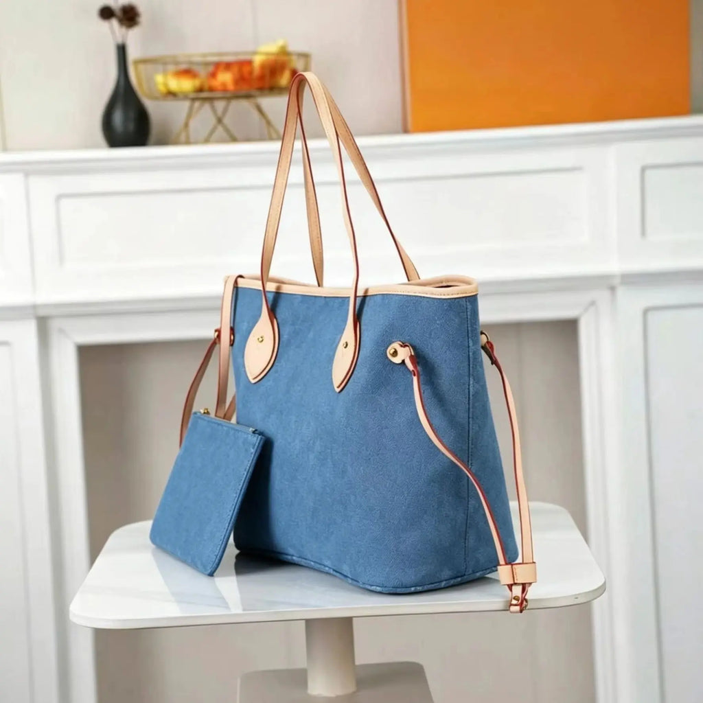 Grand Sac Cabas Femme Denim Lavé Bleu Bordures Cuir Mini Pochette Détachable – CLEVI Paris