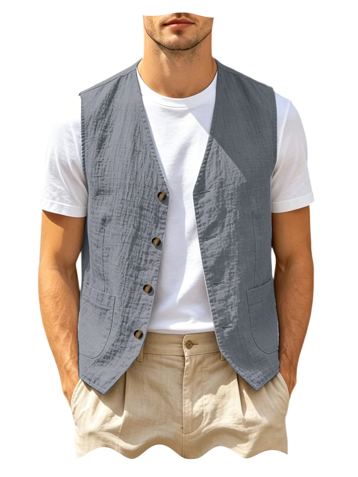 Gilet homme en lin col V – CLEVI Paris