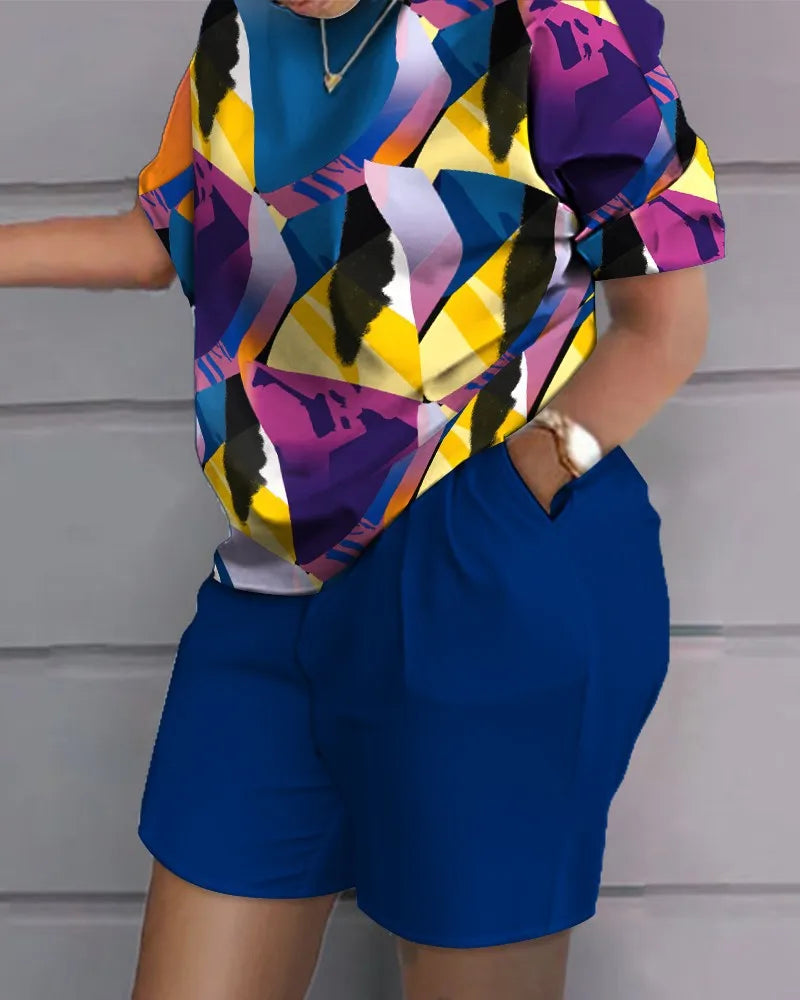 Ensemble 2 Pièces Femme T-Shirt Col Rond Imprimé Manches Courtes + Pantalon Crayon Taille Élastique Office Lady Casual 17 Coloris – CLEVI Paris