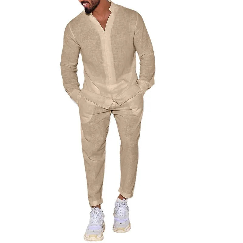 Ensemble 2 Pièces Homme Coton Lin Col Mao Chemise + Pantalon Ample Style Casual – CLEVI Paris