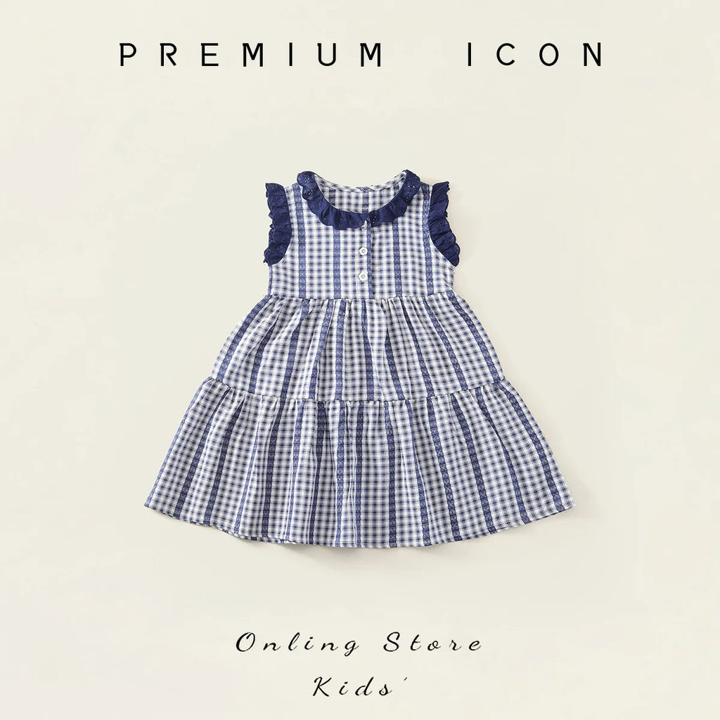 Robe fille bleue à carreaux en coton – CLEVI Paris