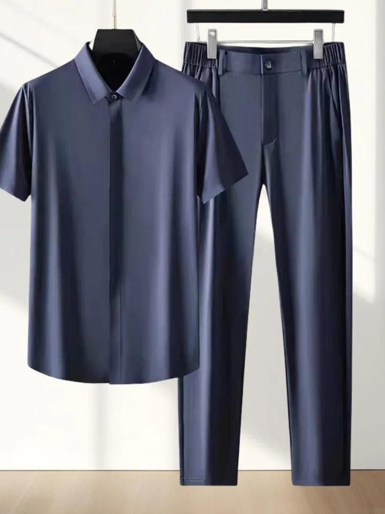 Ensemble 2 Pièces Homme T-shirt Col V Ice Silk + Pantalon Long Été Grande Taille KOLMAKOV – Bleu Marine & Gris, M à 5XL – CLEVI Paris