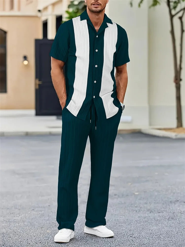 Ensemble 2 Pièces Homme Chemise Imprimée 3D Col Cranté + Pantalon Casual Voyage – 26 Motifs, S à 2XL – CLEVI Paris