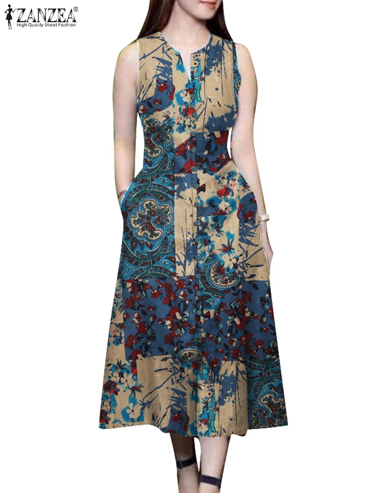 Robe Femme Sans Manches Col V Imprimé Coton Fente Poches Vintage Mi-Mollet – CLEVI Paris