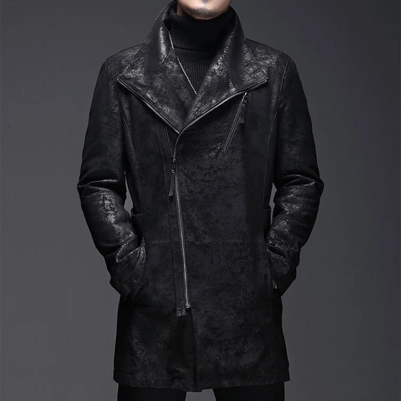 Manteau homme en cuir noir à zip asymétrique – CLEVI Paris