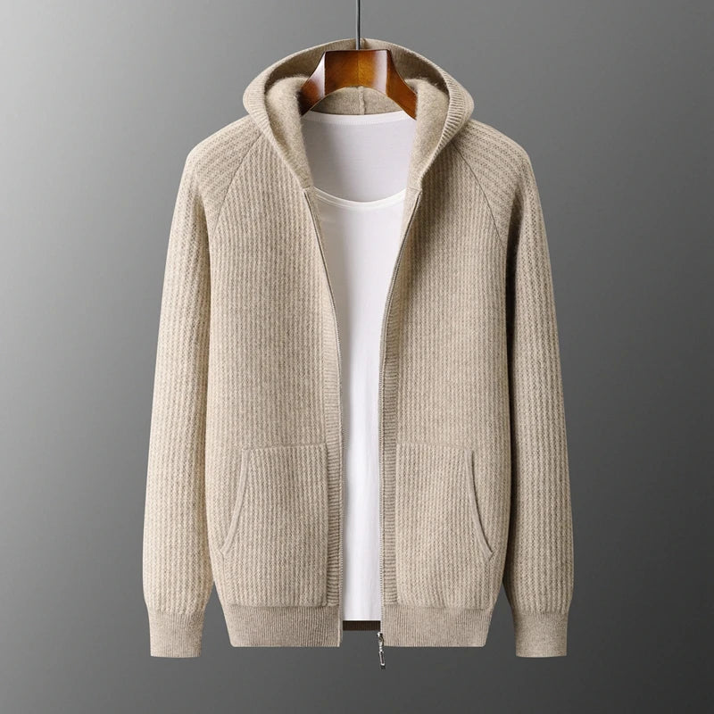 Cardigan Homme 100% Laine Mérinos MVLYFLRT – Zippé Capuche Tricot Épais Manches Longues – 5 Coloris, S à XXL – CLEVI Paris