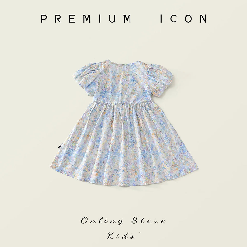 Robe fille bleue fleurie à manches courtes – CLEVI Paris