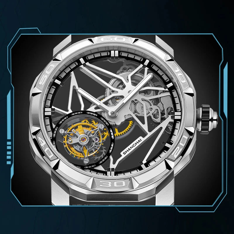 Montre Homme Manuel Tourbillon 7 Points Boîtier Octogonal Squelette Lumineux Alligator Shanghai Watch 23FB – CLEVI Paris