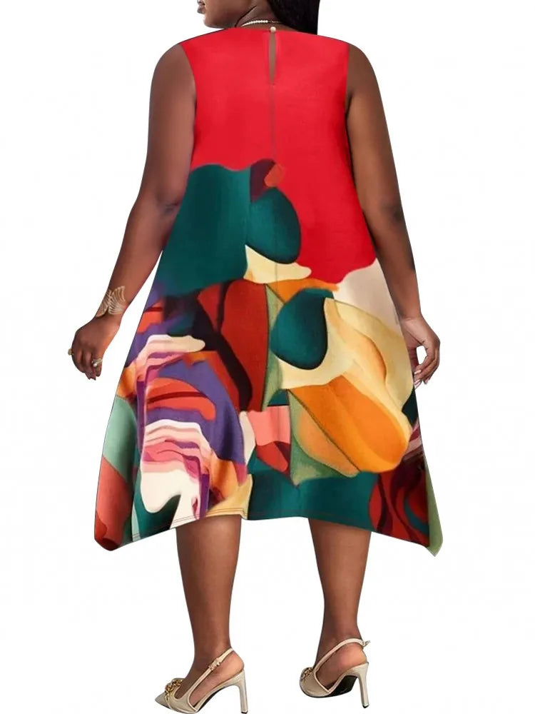 Robe Femme Grande Taille Sans Manches Col Rond Imprimé A-line Casual Mi-Mollet – CLEVI Paris