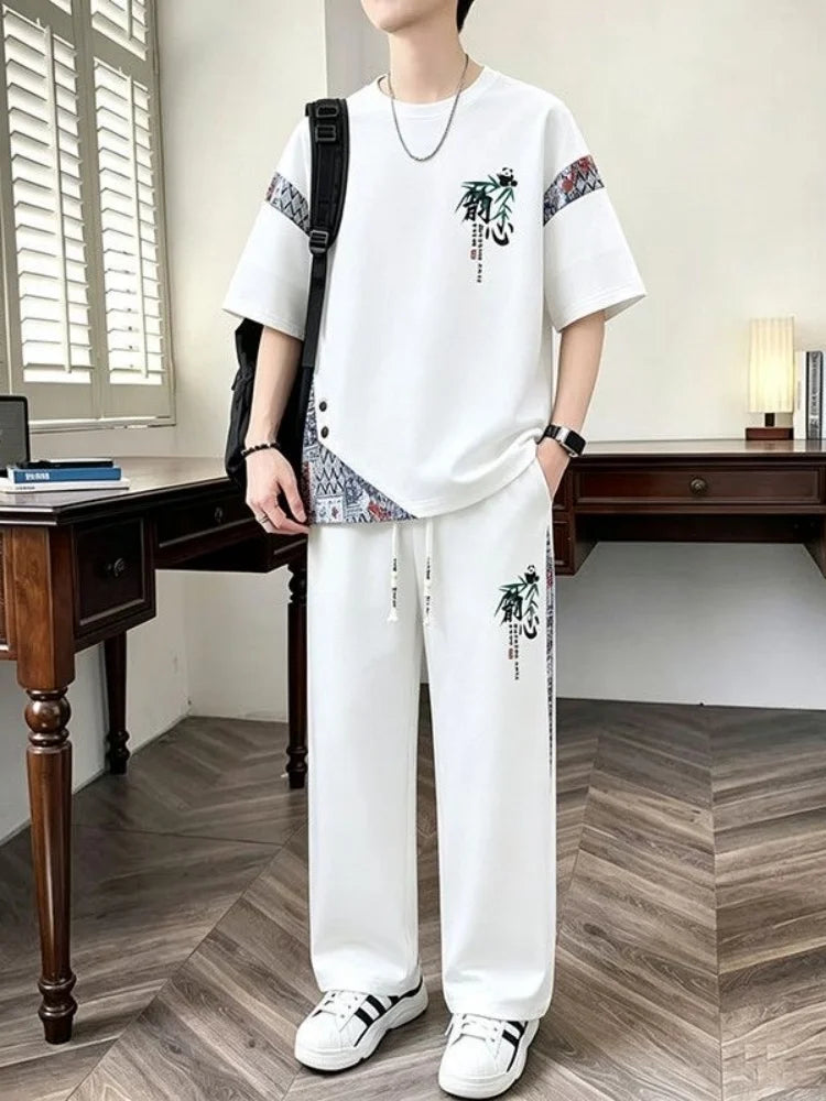 Ensemble 2 Pièces Homme T-shirt Imprimé + Pantalon 9/10 Été Grande Taille KOLMAKOV – Noir & Blanc, M à 4XL – CLEVI Paris