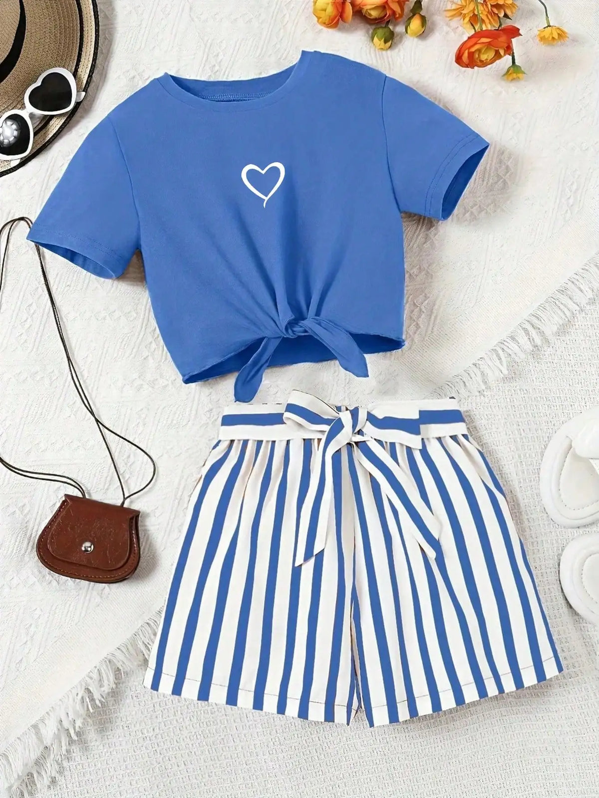 Ensemble fille t-shirt cœur et short rayé – CLEVI Paris