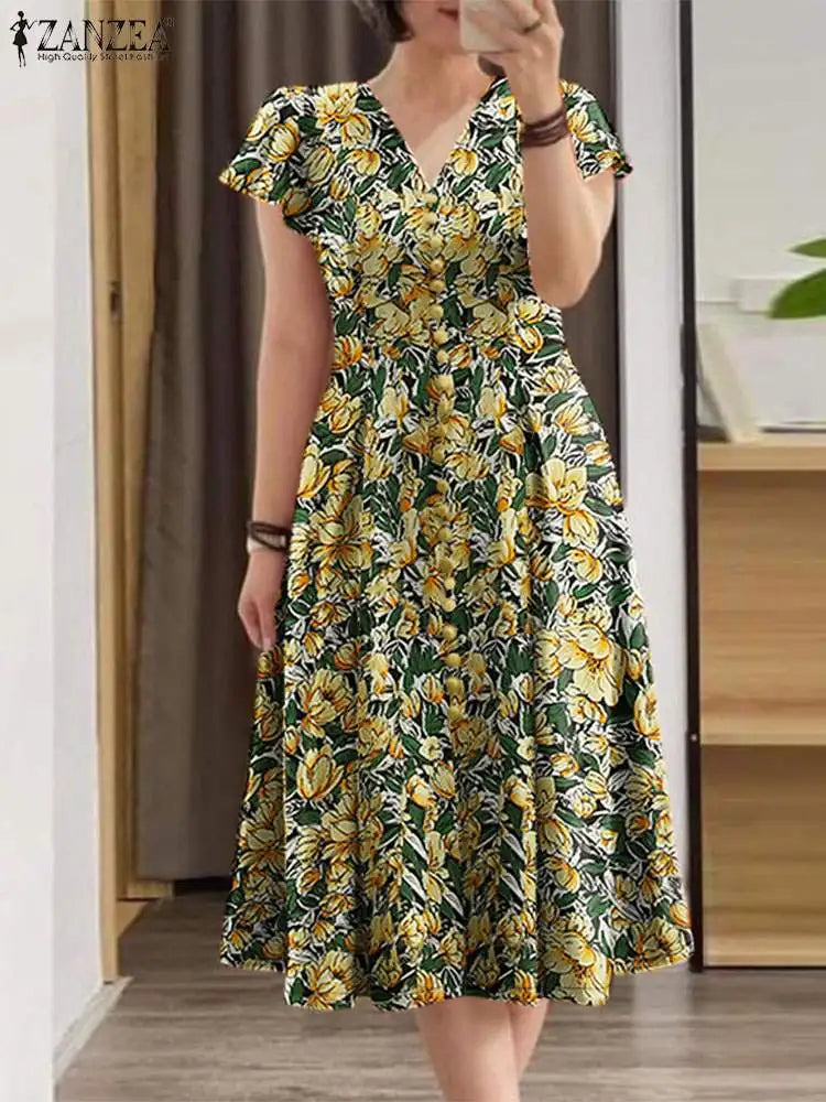 Robe Femme Col V Imprimé Floral Manches Papillon Volants Bohème Mi-Mollet – CLEVI Paris