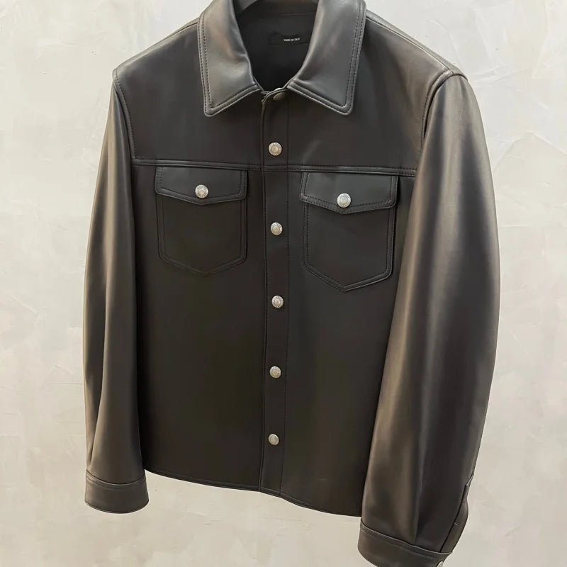 Veste homme en cuir noir à boutons-pression – CLEVI Paris