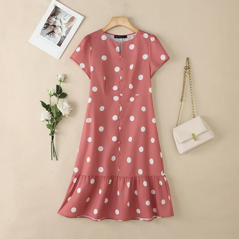 Robe Femme Col V Imprimé Pois Manches Courtes Mi-Mollet Élégante – CLEVI Paris