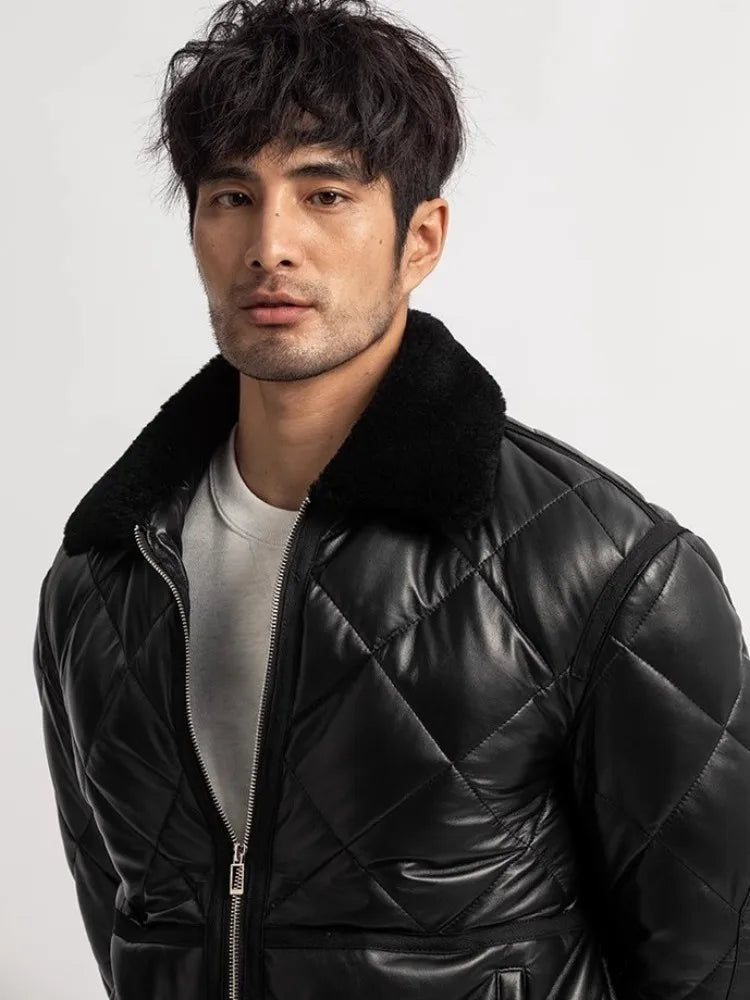 Veste homme en cuir de mouton noir à col rabattu – CLEVI Paris