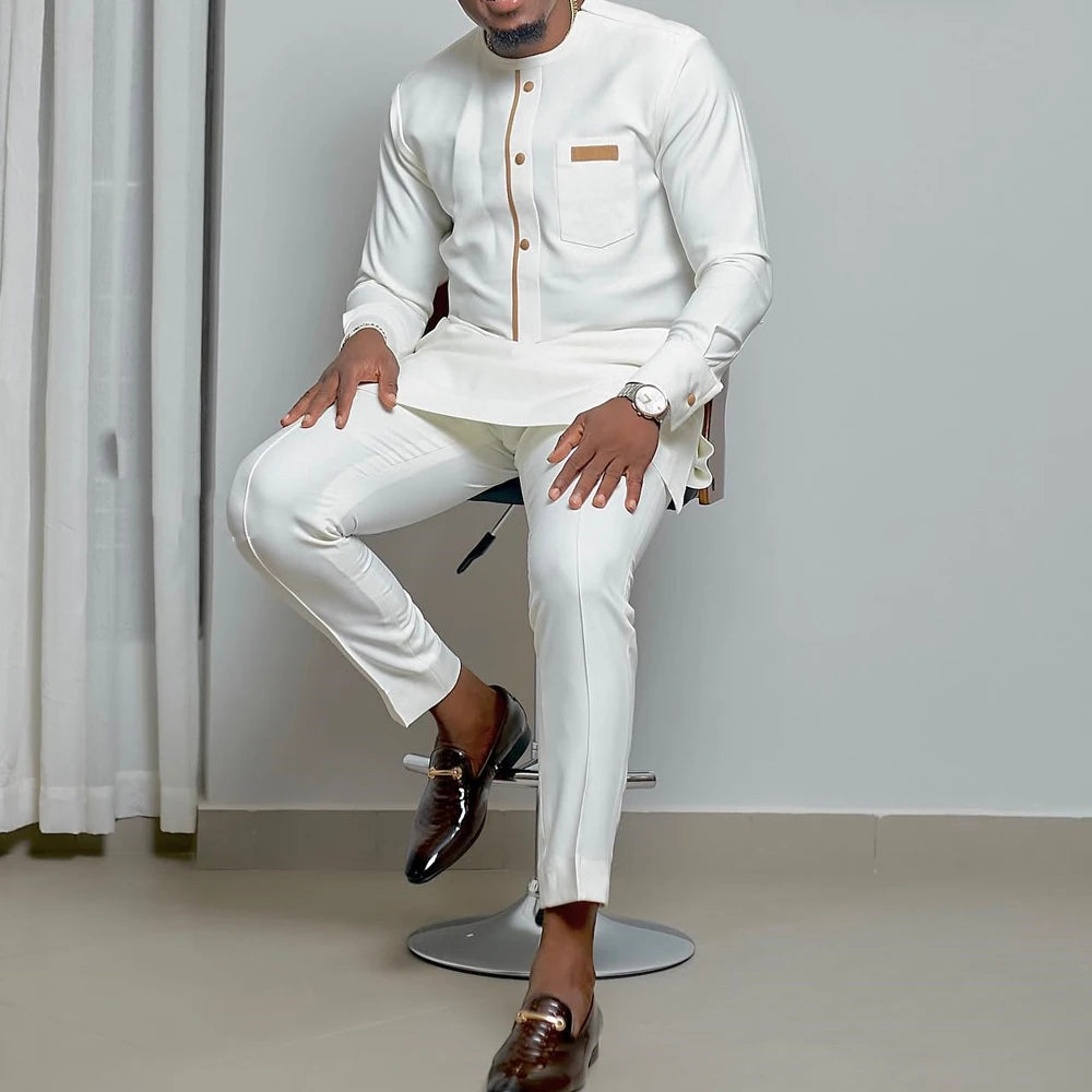 Ensemble Kaftan Homme Col Rond Manches Longues Tenue Africaine Traditionnelle 2 Pièces – CLEVI Paris