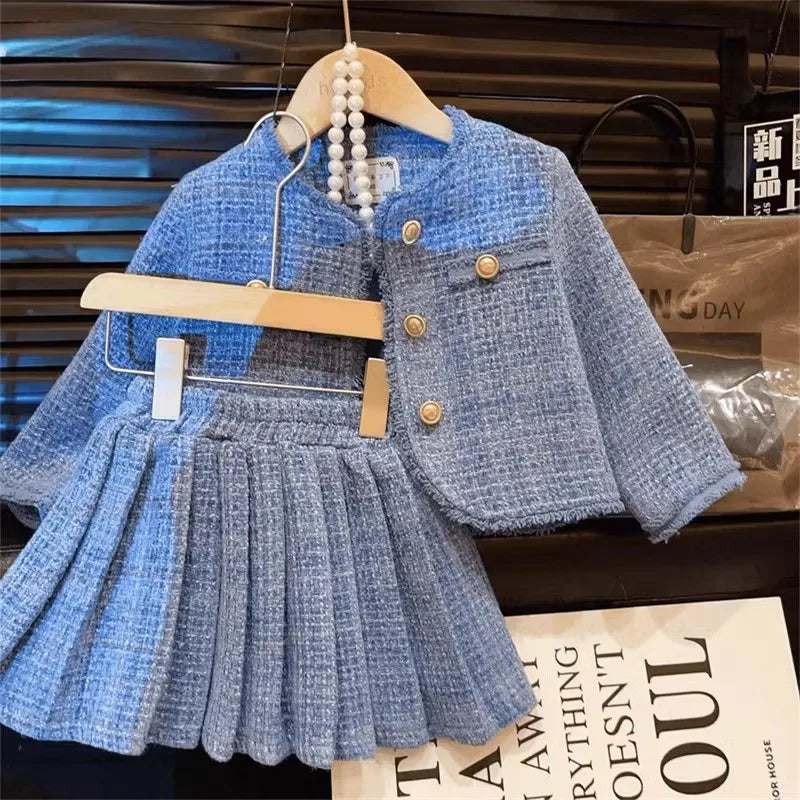 Ensemble fille bleu ciel cardigan et jupe – CLEVI Paris